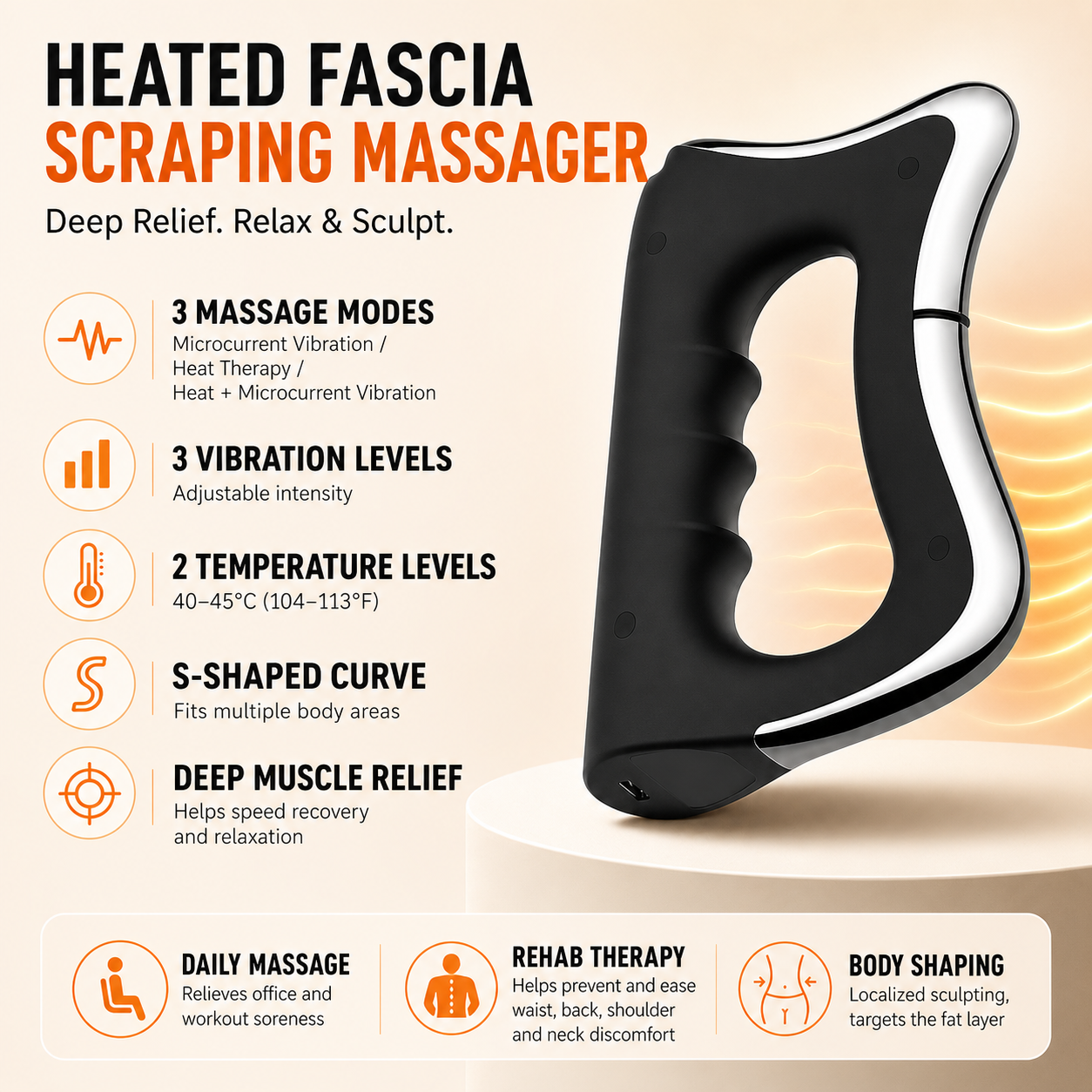 Black Wireless Heated Fascia Massager with 3 Levels Microcurrent Vibration and 2 Levels Heating Therapy, Ergonomic Curved Scraping Blade Design for Full Body Muscle Relaxation & Fat Reduction