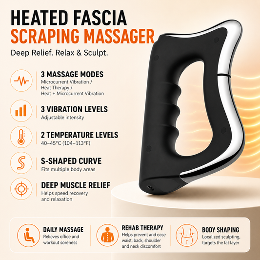 Black Wireless Heated Fascia Massager with 3 Levels Microcurrent Vibration and 2 Levels Heating Therapy, Ergonomic Curved Scraping Blade Design for Full Body Muscle Relaxation & Fat Reduction