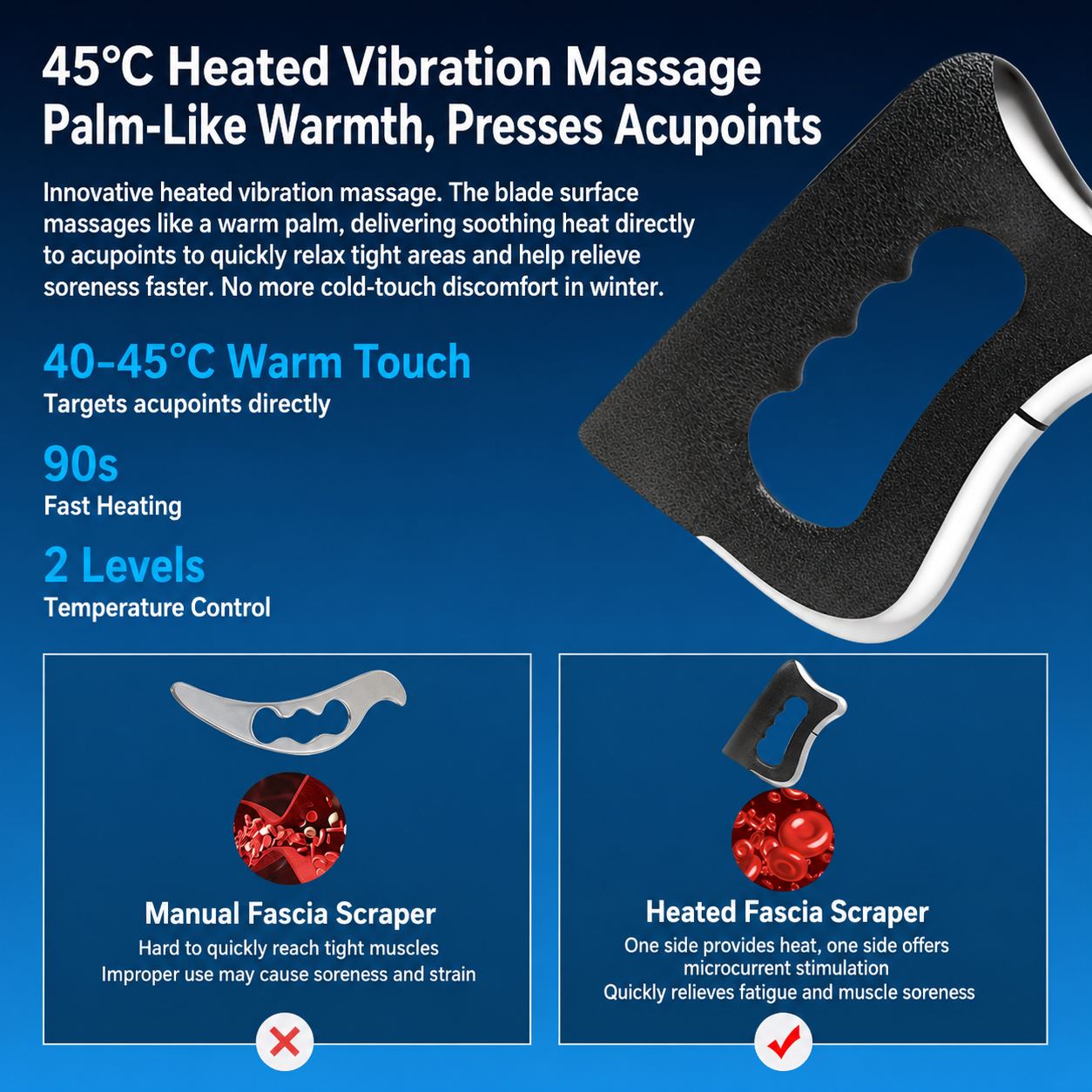 Black Wireless Heated Fascia Massager with 3 Levels Microcurrent Vibration and 2 Levels Heating Therapy, Ergonomic Curved Scraping Blade Design for Full Body Muscle Relaxation & Fat Reduction