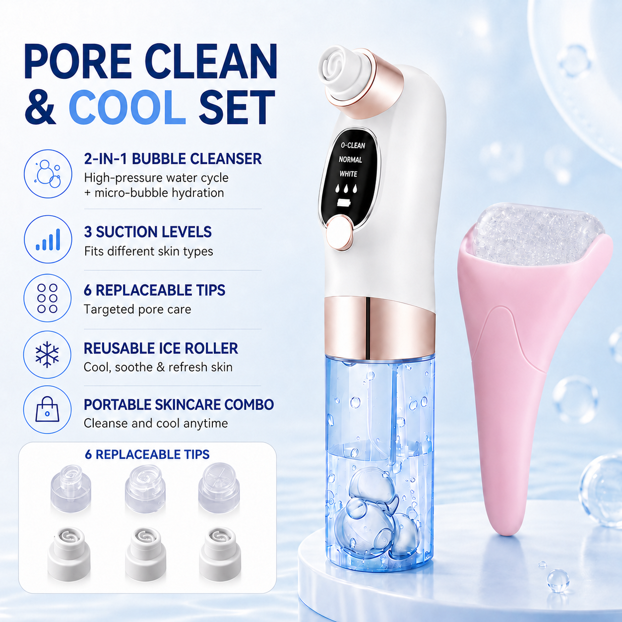 Microbubble Oxygen Hydration Facial Pore Cleanser and Pink Reusable Ice Roller Set with Waste Separation Design, 3 Level Vacumn Suction and 6 Replaceable Heads - Portable Facial Pore Cleaning & Cooling Kit for Home & Travel Skincare