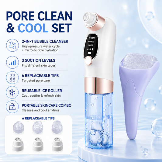 Microbubble Oxygen Hydration Facial Pore Cleanser and Purple Reusable Ice Roller Set with Waste Separation Design, 3 Level Vacumn Suction and 6 Replaceable Heads - Portable Facial Pore Cleaning & Cooling Kit for Home & Travel Skincare