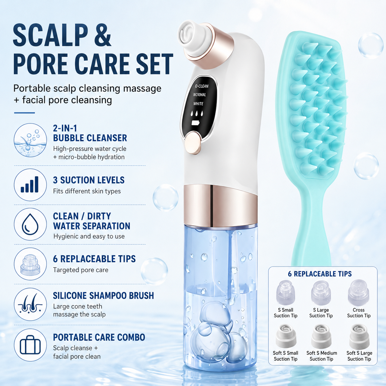Microbubble Oxygen Hydration Facial Pore Cleanser and Blue Silicone Scalp Massage Scrubber Set with Waste Separation Design, 3 Level Vacumn Suction and 6 Replaceable Heads - Full Body Care Routine for Face Pore Cleaning and Scalp Massage