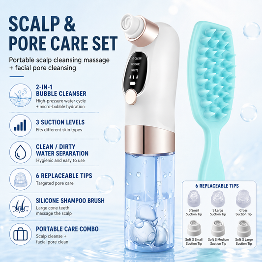 Microbubble Oxygen Hydration Facial Pore Cleanser and Blue Silicone Scalp Massage Scrubber Set with Waste Separation Design, 3 Level Vacumn Suction and 6 Replaceable Heads - Full Body Care Routine for Face Pore Cleaning and Scalp Massage