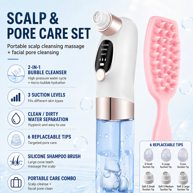 Microbubble Oxygen Hydration Facial Pore Cleanser and Pink Silicone Scalp Massage Scrubber Set with Waste Separation Design, 3 Level Vacumn Suction and 6 Replaceable Heads - Full Body Care Routine for Face Pore Cleaning and Scalp Massage