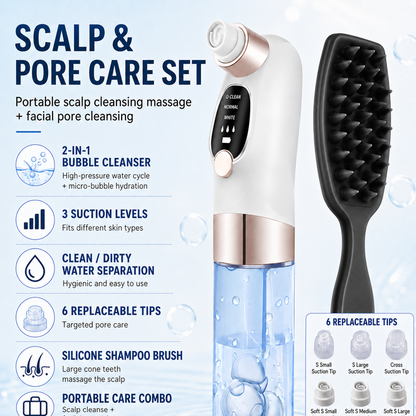 Microbubble Oxygen Hydration Facial Pore Cleanser and Black Silicone Scalp Massage Scrubber Set with Waste Separation Design, 3 Level Vacumn Suction and 6 Replaceable Heads - Full Body Care Routine for Face Pore Cleaning and Scalp Massage
