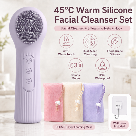 Purple 45Â°C Constant Heating Silicone Facial Cleansing Brush and 3pcs 8-Layer Fine Foaming Nets Set - Electric Sonic Face Scrubber with Dual-Sided Cleaning Surface & 3-Speed Vibration Massage, IPX7 Waterproof Skincare Absorption and Massage Device