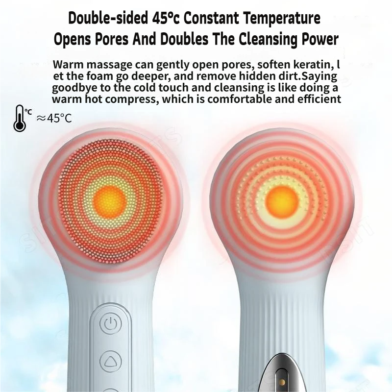 Pink 45Â°C Constant Heating Silicone Facial Cleansing Brush and 3pcs 8-Layer Fine Foaming Nets Set - Electric Sonic Face Scrubber with Dual-Sided Cleaning Surface & 3-Speed Vibration Massage, IPX7 Waterproof Skincare Absorption and Massage Device