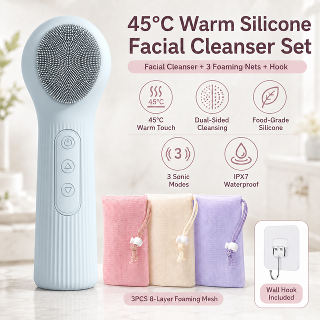 Blue 45Â°C Constant Heating Silicone Facial Cleansing Brush and 3pcs 8-Layer Fine Foaming Nets Set - Electric Sonic Face Scrubber with Dual-Sided Cleaning Surface & 3-Speed Vibration Massage, IPX7 Waterproof Skincare Absorption and Massage Device