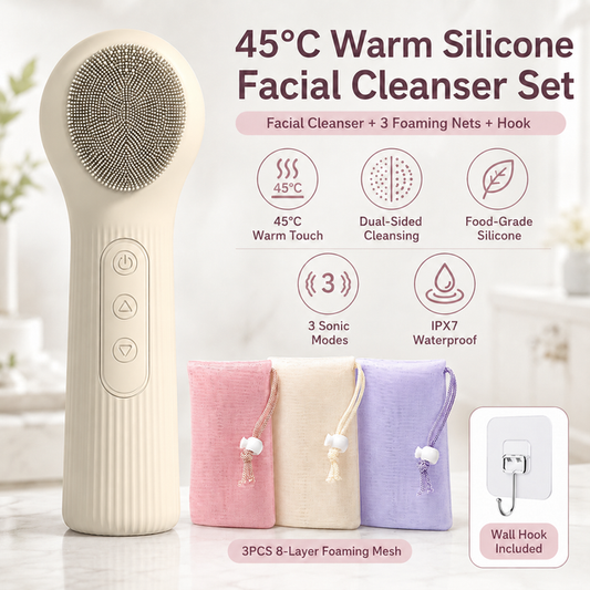 Beige 45Â°C Constant Heating Silicone Facial Cleansing Brush and 3pcs 8-Layer Fine Foaming Nets Set - Electric Sonic Face Scrubber with Dual-Sided Cleaning Surface & 3-Speed Vibration Massage, IPX7 Waterproof Skincare Absorption and Massage Device