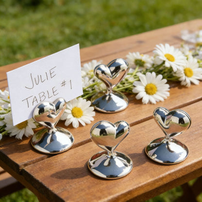 10-Pack Silver Plated Alloy Place Card Holders with Hollowed-Out Heart Designs, Elegant Wedding Reception Seating Card Clips for Banquets, Parties and Events