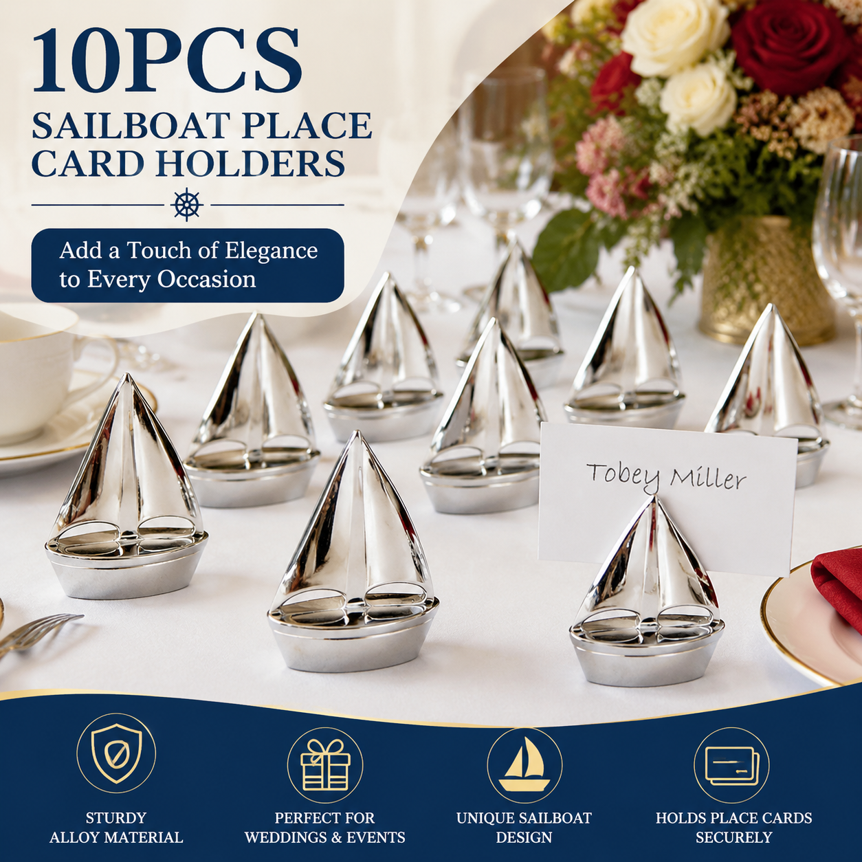 10-Pack Silver Plated Alloy Place Card Holders with Sailboat Designs, Elegant Wedding Reception Seating Card Clips for Banquets, Parties and Events