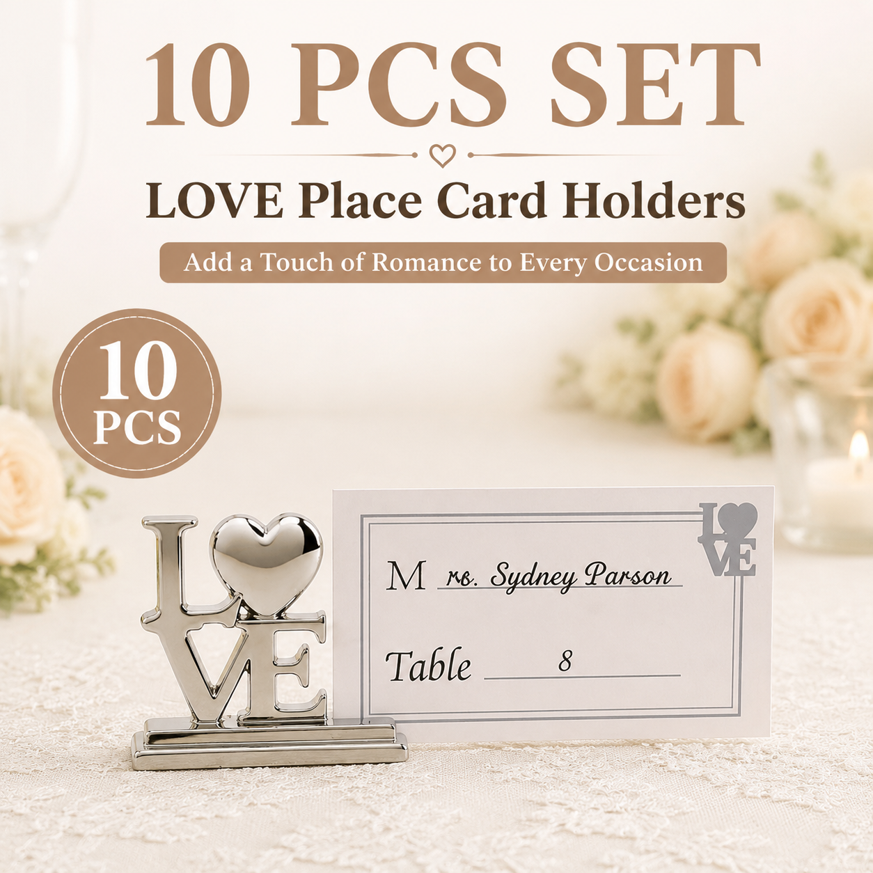 10-Pack Silver Plated Alloy Place Card Holders with LOVE Designs, Elegant Wedding Reception Seating Card Clips for Banquets, Parties and Events