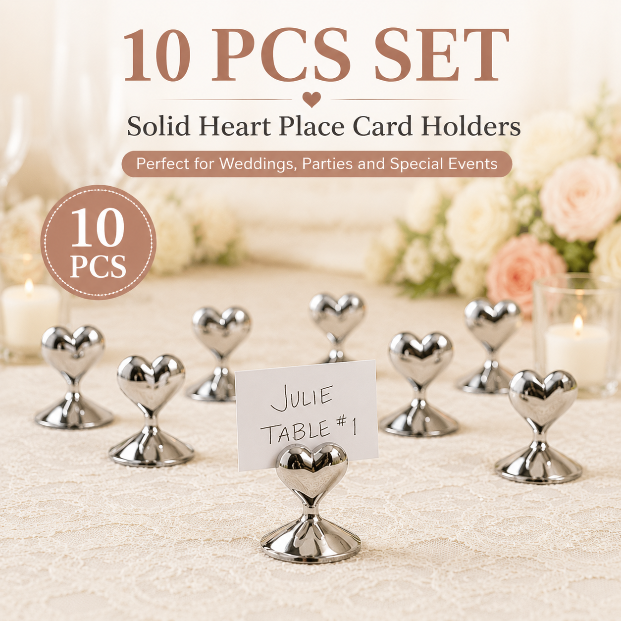 10-Pack Silver Plated Alloy Place Card Holders with Soild Heart Designs, Elegant Wedding Reception Seating Card Clips for Banquets, Parties and Events