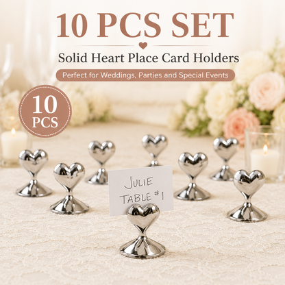 10-Pack Silver Plated Alloy Place Card Holders with Soild Heart Designs, Elegant Wedding Reception Seating Card Clips for Banquets, Parties and Events