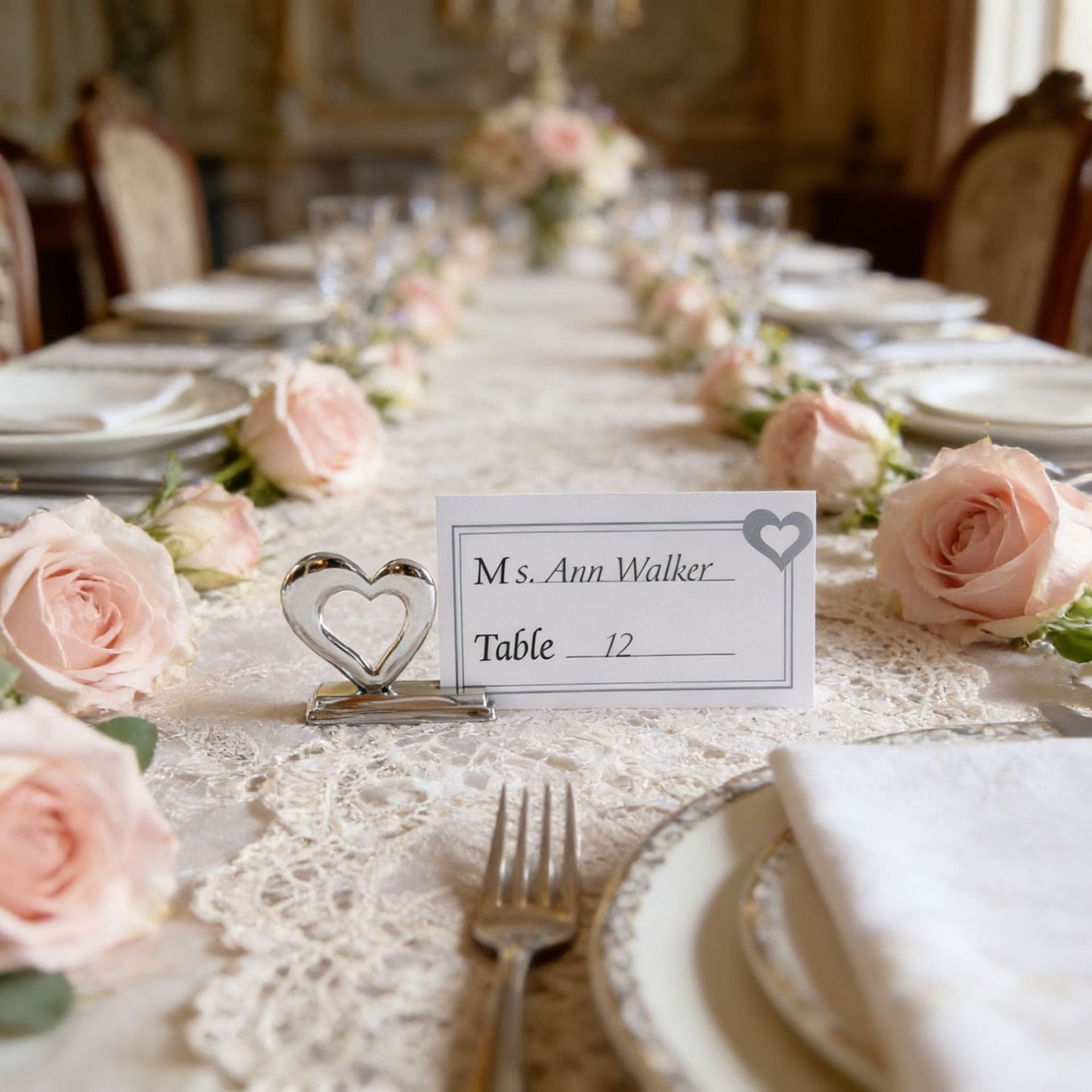 10-Pack Silver Plated Alloy Place Card Holders with Soild Heart Designs, Elegant Wedding Reception Seating Card Clips for Banquets, Parties and Events