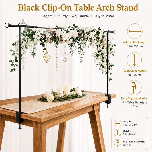 Black Iron Over Table Arch Display Stand with Fixed Clamps and Buckles for Balloons and Decorations, L 120-230cm & H 78-120cm Adjustable Wedding Party Table Rod Backdrop Frame for Birthday, Baby Showers and Celebrations