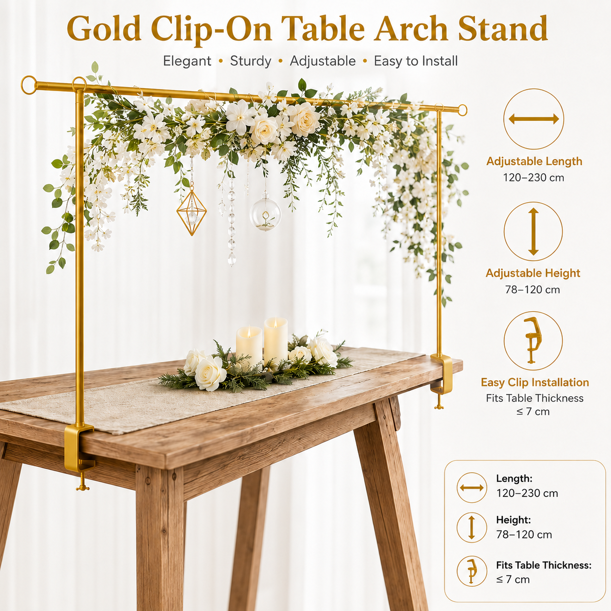Gold Iron Over Table Arch Display Stand with Fixed Clamps and Buckles for Balloons and Decorations, L 120-230cm & H 78-120cm Adjustable Wedding Party Table Rod Backdrop Frame for Birthday, Baby Showers and Celebrations