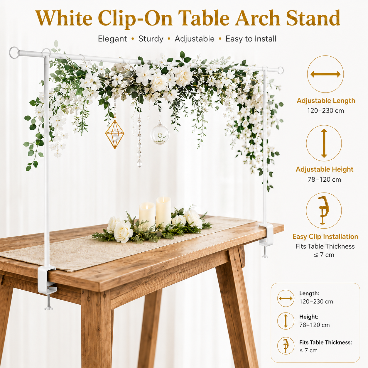 White Iron Over Table Arch Display Stand with Fixed Clamps and Buckles for Balloons and Decorations, L 120-230cm & H 78-120cm Adjustable Wedding Party Table Rod Backdrop Frame for Birthday, Baby Showers and Celebrations