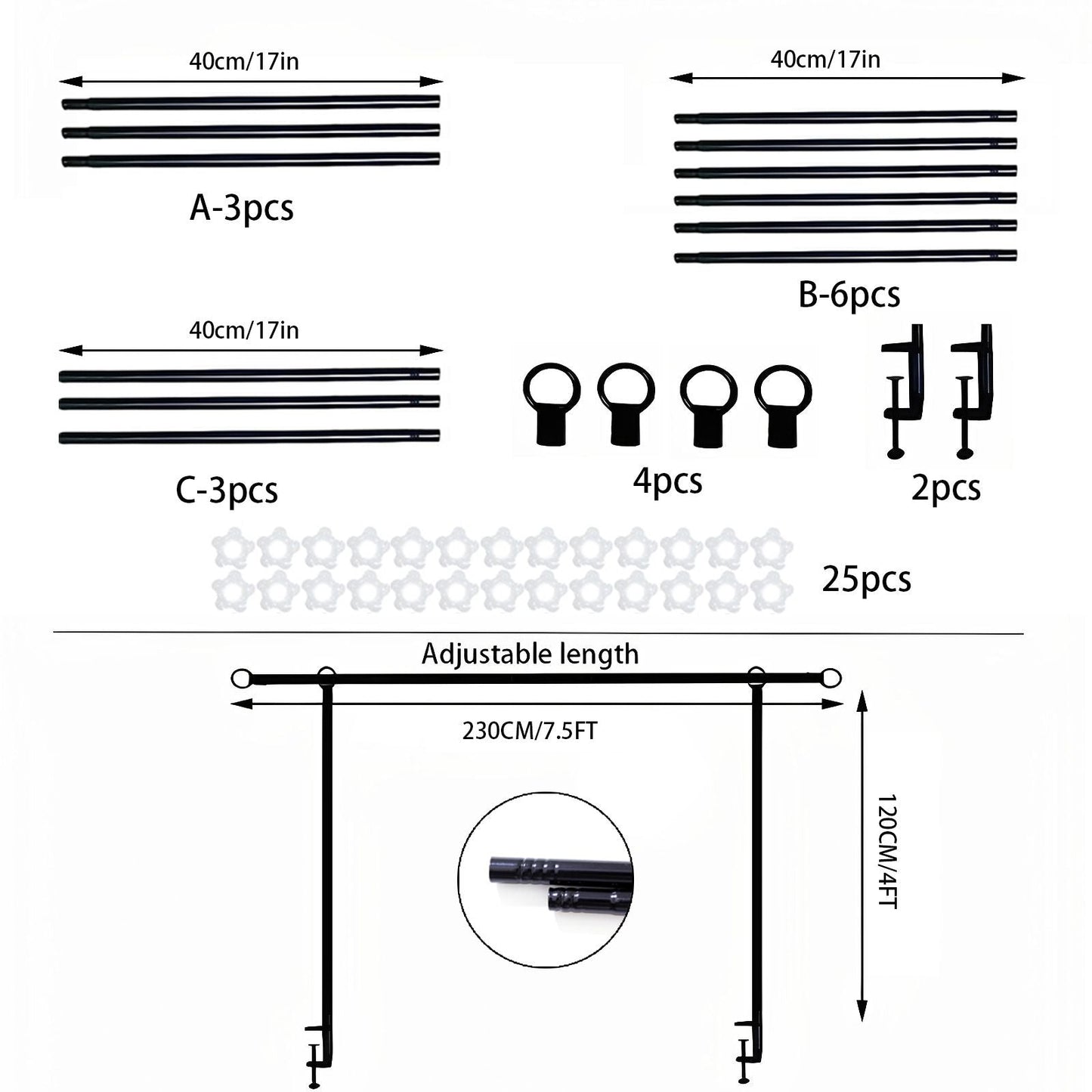 White Iron Over Table Arch Display Stand with Fixed Clamps and Buckles for Balloons and Decorations, L 120-230cm & H 78-120cm Adjustable Wedding Party Table Rod Backdrop Frame for Birthday, Baby Showers and Celebrations