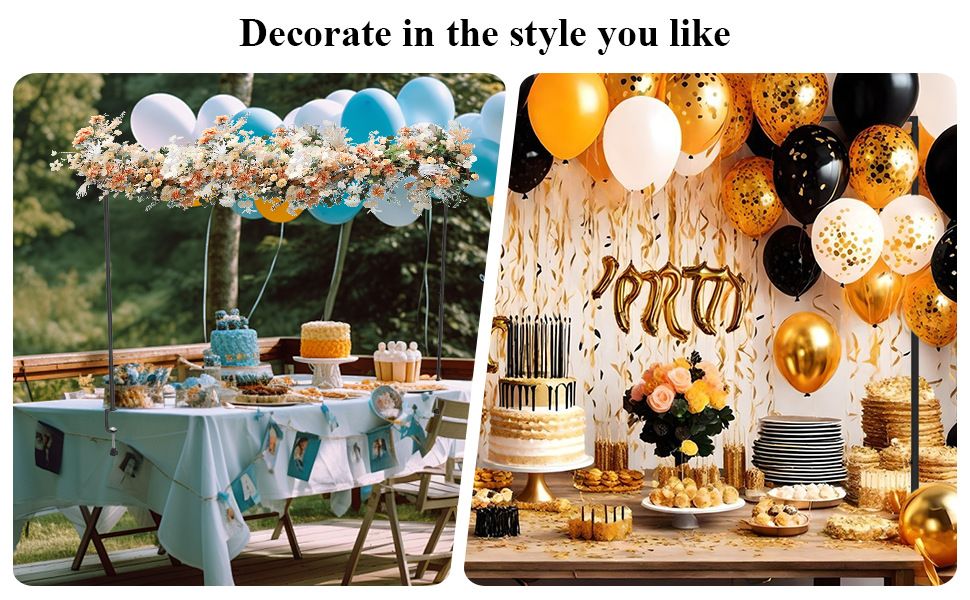 White Iron Over Table Arch Display Stand with Fixed Clamps and Buckles for Balloons and Decorations, L 120-230cm & H 78-120cm Adjustable Wedding Party Table Rod Backdrop Frame for Birthday, Baby Showers and Celebrations