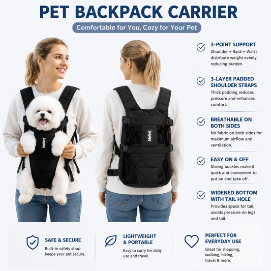 Black Hands Free Adjustable Dog Carrier Backpack with 3-Point Support, Reserved Tail Opening and Wide Padded Straps - Chest & Back Dual Use, Breathable on Both Sides and Quick-release Safety Buckles for Walking Bike Travel Outdoor Use, S Size
