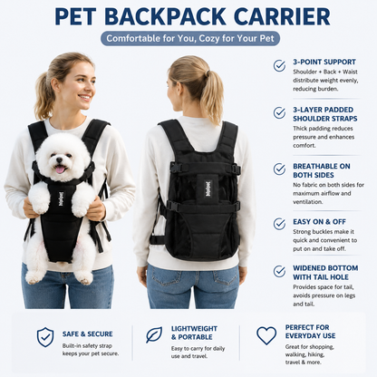 Black Hands Free Adjustable Dog Carrier Backpack with 3-Point Support, Reserved Tail Opening and Wide Padded Straps - Chest & Back Dual Use, Breathable on Both Sides and Quick-release Safety Buckles for Walking Bike Travel Outdoor Use, M Size