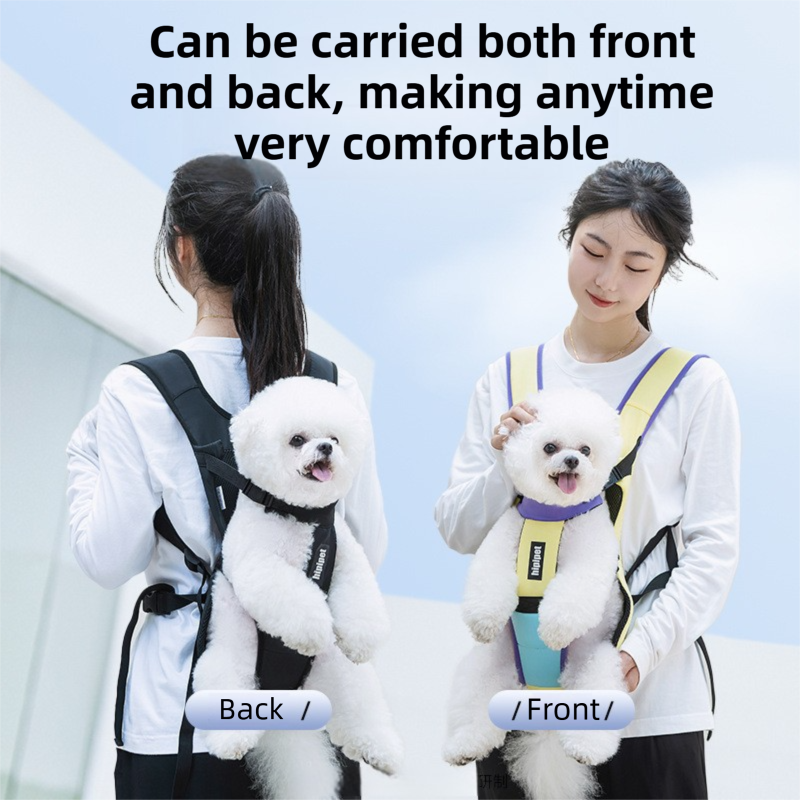 Yellow Purple Hands Free Adjustable Dog Carrier Backpack with 3-Point Support, Reserved Tail Opening and Wide Padded Straps - Chest & Back Dual Use, Breathable on Both Sides and Quick-release Safety Buckles for Walking Bike Travel Outdoor Use, S Size