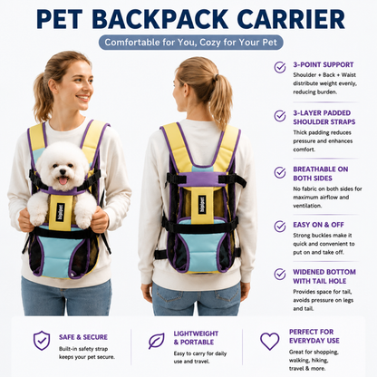 Yellow Purple Hands Free Adjustable Dog Carrier Backpack with 3-Point Support, Reserved Tail Opening and Wide Padded Straps - Chest & Back Dual Use, Breathable on Both Sides and Quick-release Safety Buckles for Walking Bike Travel Outdoor Use, M Size