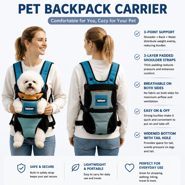 Blue Hands Free Adjustable Dog Carrier Backpack with 3-Point Support, Reserved Tail Opening and Wide Padded Straps - Chest & Back Dual Use, Breathable on Both Sides and Quick-release Safety Buckles for Walking Bike Travel Outdoor Use, L Size
