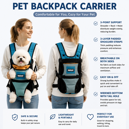 Blue Hands Free Adjustable Dog Carrier Backpack with 3-Point Support, Reserved Tail Opening and Wide Padded Straps - Chest & Back Dual Use, Breathable on Both Sides and Quick-release Safety Buckles for Walking Bike Travel Outdoor Use, L Size