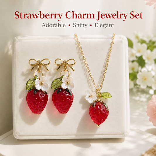 Cute Crystal Strawberry Pendant Jewelry Set for Women with Flower Berries Leaves Bow Earrings and Necklace - Vintage Gold Plated Fruit Charm Accessories Gift Box for Daily Wear, Parties, Dates and Occasions
