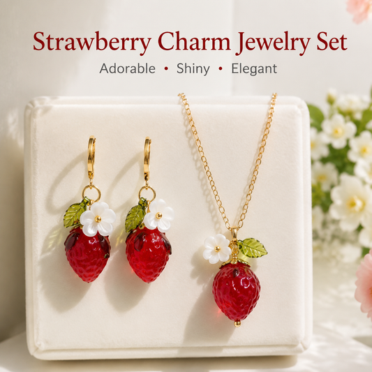 Cute Crystal Strawberry Pendant Jewelry Set for Women with Flower Berries Leaves Design Hoop Earrings and Necklace - Vintage Gold Plated Fruit Charm Accessories Gift Box for Daily Wear, Parties, Dates and Occasions