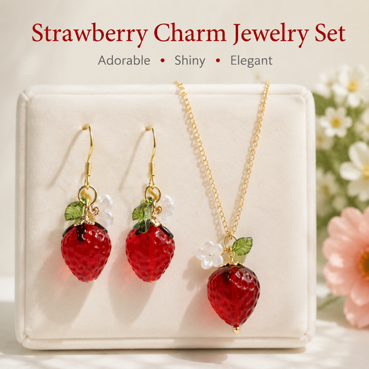 Cute Crystal Strawberry Pendant Jewelry Set for Women with Flower Berries Leaves Design Hook Earrings and Necklace - Vintage Gold Plated Fruit Charm Accessories Gift Box for Daily Wear, Parties, Dates and Occasions