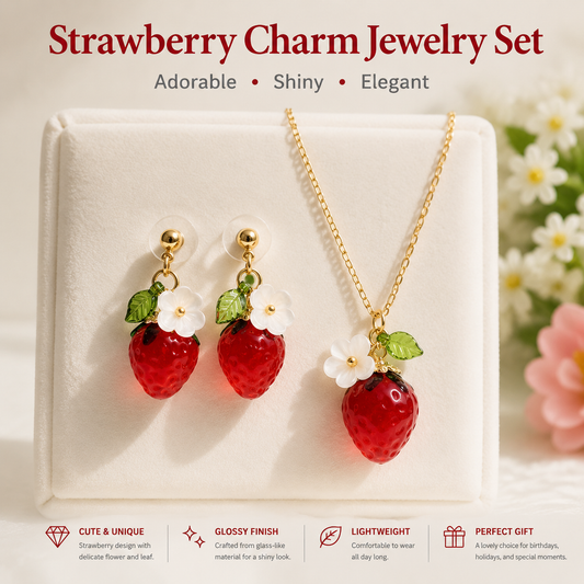 Cute Crystal Strawberry Pendant Jewelry Set for Women with Flower Berries Leaves Design Stud Earrings and Necklace - Vintage Gold Plated Fruit Charm Accessories Gift Box for Daily Wear, Parties, Dates and Occasions