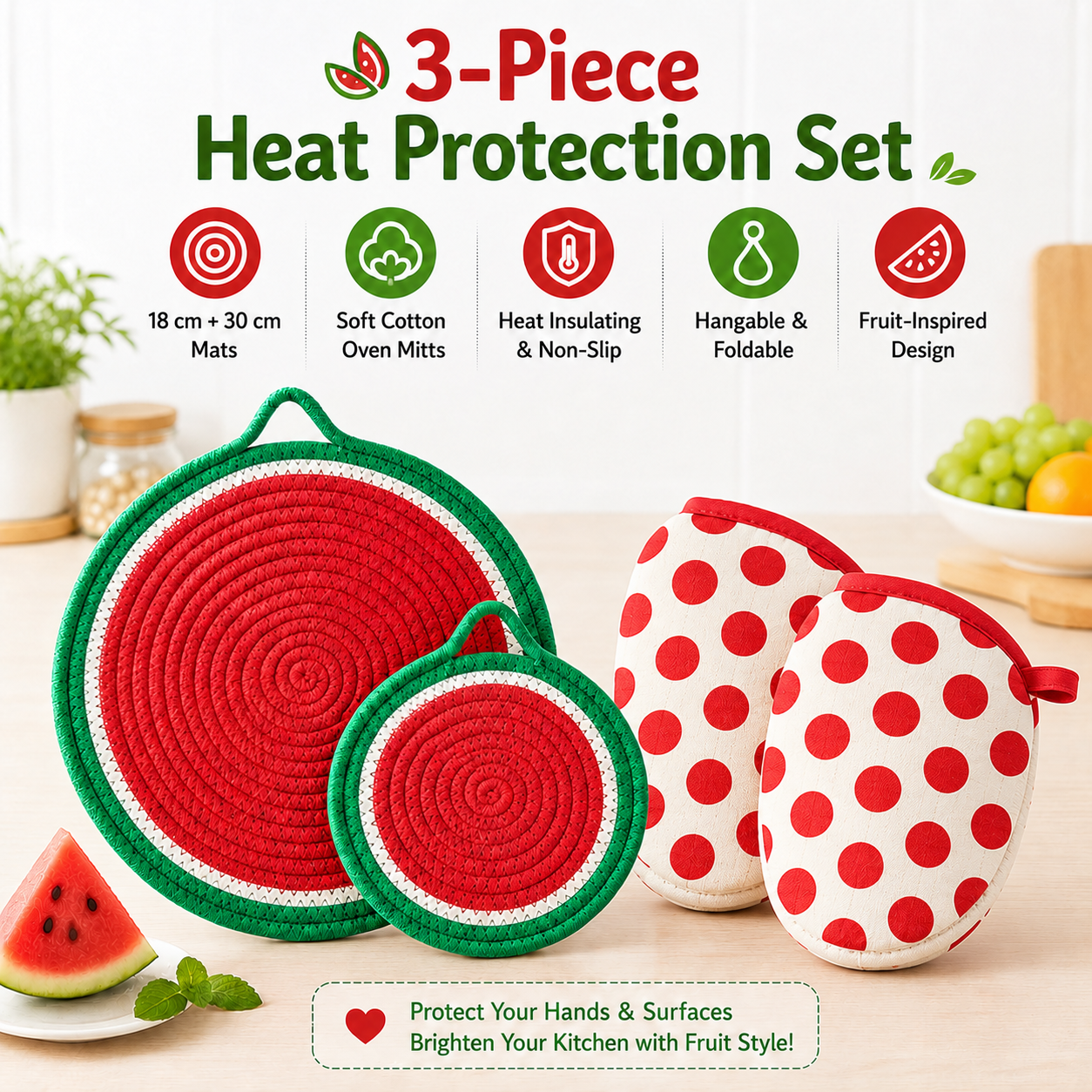 3-Piece Watermelon Inspired Kitchen Heat Resistant Set with 18cm & 30cm Round Cotton Rope Woven Trivets + 1 Pair Duckbill Oven Mitt - Foldable Table Protection Mats and Red Polka Dot Cooking Gloves, Perfect for Home Baking and Cooking Lover