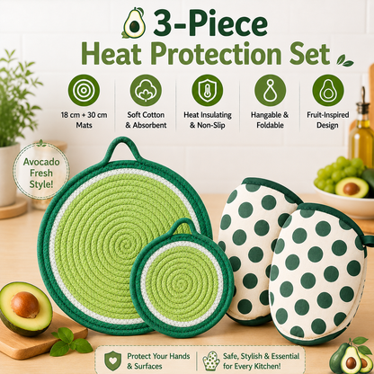 3-Piece Avocado Inspired Kitchen Heat Resistant Set with 18cm & 30cm Round Cotton Rope Woven Trivets + 1 Pair Duckbill Oven Mitt - Foldable Table Protection Mats and Green Polka Dot Cooking Gloves, Perfect for Home Baking and Cooking Lover