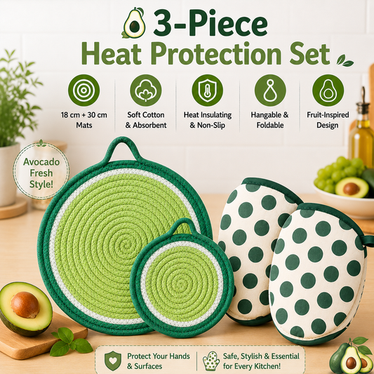 3-Piece Avocado Inspired Kitchen Heat Resistant Set with 18cm & 30cm Round Cotton Rope Woven Trivets + 1 Pair Duckbill Oven Mitt - Foldable Table Protection Mats and Green Polka Dot Cooking Gloves, Perfect for Home Baking and Cooking Lover