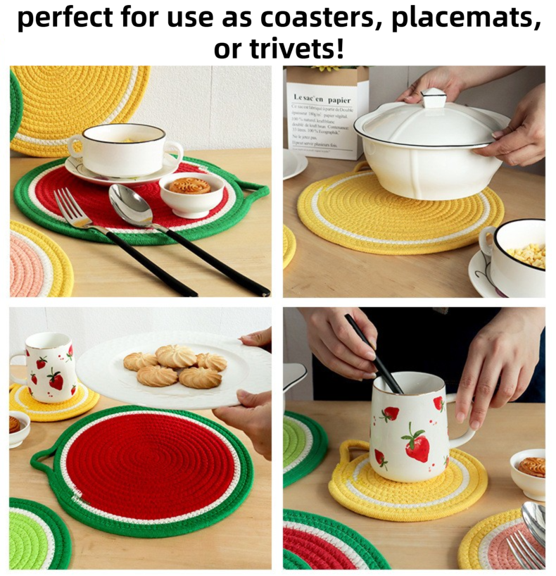 3-Piece Avocado Inspired Kitchen Heat Resistant Set with 18cm & 30cm Round Cotton Rope Woven Trivets + 1 Pair Duckbill Oven Mitt - Foldable Table Protection Mats and Green Polka Dot Cooking Gloves, Perfect for Home Baking and Cooking Lover