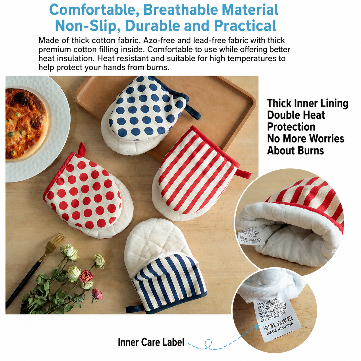 3-Piece Avocado Inspired Kitchen Heat Resistant Set with 18cm & 30cm Round Cotton Rope Woven Trivets + 1 Pair Duckbill Oven Mitt - Foldable Table Protection Mats and Green Polka Dot Cooking Gloves, Perfect for Home Baking and Cooking Lover