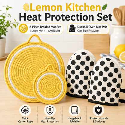 3-Piece Lemon Inspired Kitchen Heat Resistant Set with 18cm & 30cm Round Cotton Rope Woven Trivets + 1 Pair Duckbill Oven Mitt - Foldable Table Protection Mats and Black Polka Dot Cooking Gloves, Perfect for Home Baking and Cooking Lover