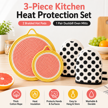 3-Piece Grapefruit Inspired Kitchen Heat Resistant Set with 18cm & 30cm Round Cotton Rope Woven Trivets + 1 Pair Duckbill Oven Mitt - Foldable Table Protection Mats and Black Polka Dot Cooking Gloves, Perfect for Home Baking and Cooking Lover