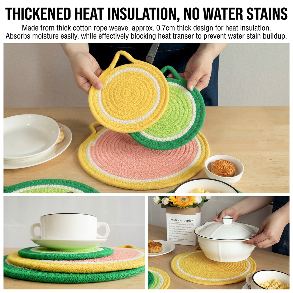 3-Piece Grapefruit Inspired Kitchen Heat Resistant Set with 18cm & 30cm Round Cotton Rope Woven Trivets + 1 Pair Duckbill Oven Mitt - Foldable Table Protection Mats and Black Polka Dot Cooking Gloves, Perfect for Home Baking and Cooking Lover
