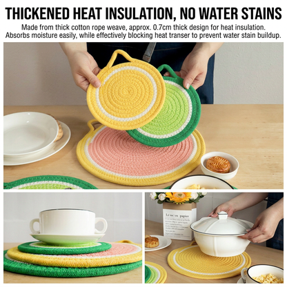 3-Piece Grapefruit Inspired Kitchen Heat Resistant Set with 18cm & 30cm Round Cotton Rope Woven Trivets + 1 Pair Duckbill Oven Mitt - Foldable Table Protection Mats and Black Polka Dot Cooking Gloves, Perfect for Home Baking and Cooking Lover