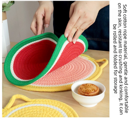 3-Piece Grapefruit Inspired Kitchen Heat Resistant Set with 18cm & 30cm Round Cotton Rope Woven Trivets + 1 Pair Duckbill Oven Mitt - Foldable Table Protection Mats and Black Polka Dot Cooking Gloves, Perfect for Home Baking and Cooking Lover