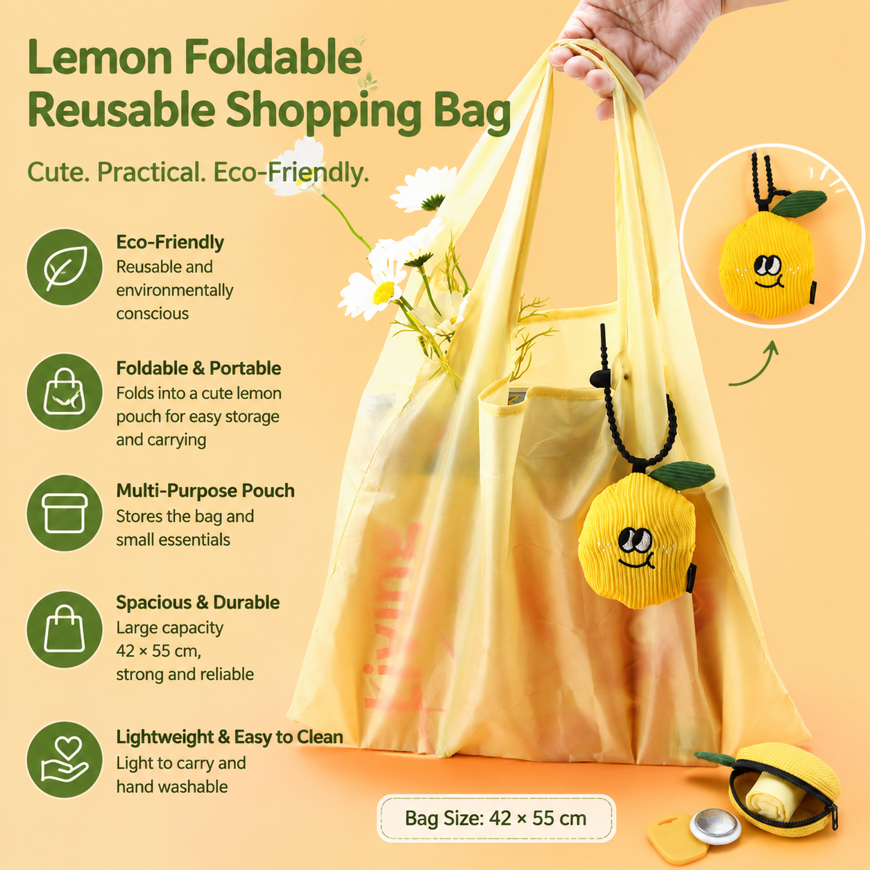 Portable Cute Lemon Corduroy Storage Pouch with Zipper and Hidden Folding Shopping Bag - Lightweight Reusable Eco Grocery Tote Bag with Fruit Charm for Shopping, Travel, Books, iPad and Daily Essentials