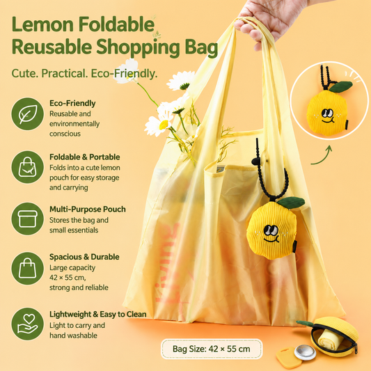 Portable Cute Lemon Corduroy Storage Pouch with Zipper and Hidden Folding Shopping Bag - Lightweight Reusable Eco Grocery Tote Bag with Fruit Charm for Shopping, Travel, Books, iPad and Daily Essentials