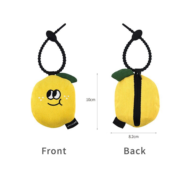Portable Cute Lemon Corduroy Storage Pouch with Zipper and Hidden Folding Shopping Bag - Lightweight Reusable Eco Grocery Tote Bag with Fruit Charm for Shopping, Travel, Books, iPad and Daily Essentials