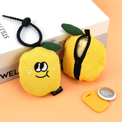 Portable Cute Lemon Corduroy Storage Pouch with Zipper and Hidden Folding Shopping Bag - Lightweight Reusable Eco Grocery Tote Bag with Fruit Charm for Shopping, Travel, Books, iPad and Daily Essentials