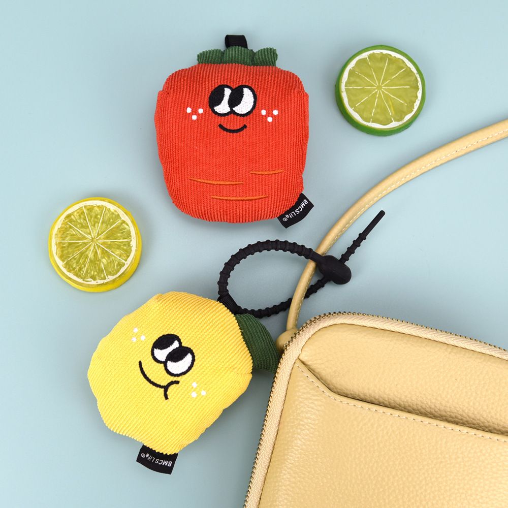 Portable Cute Lemon Corduroy Storage Pouch with Zipper and Hidden Folding Shopping Bag - Lightweight Reusable Eco Grocery Tote Bag with Fruit Charm for Shopping, Travel, Books, iPad and Daily Essentials