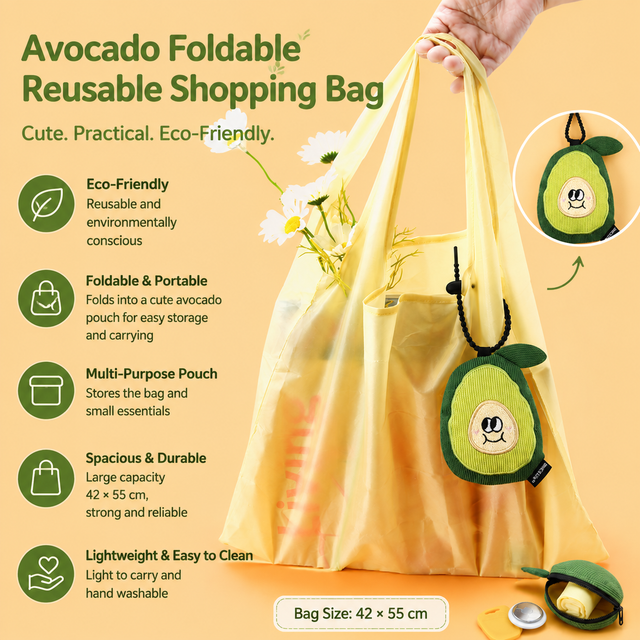 Portable Cute Avocado Corduroy Storage Pouch with Zipper and Hidden Folding Shopping Bag - Lightweight Reusable Eco Grocery Tote Bag with Fruit Charm for Shopping, Travel, Books, iPad and Daily Essentials
